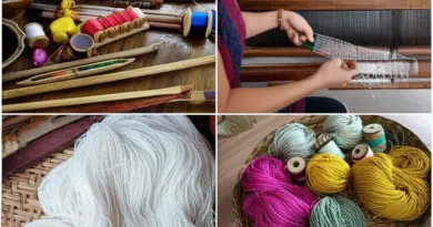 Materials and tools used in Lao silk weaving: silk types, natural dyes, looms, and preparation processes