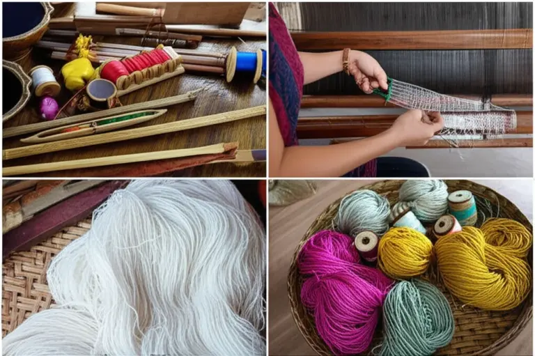 Materials and tools used in Lao silk weaving: silk types, natural dyes, looms, and preparation processes