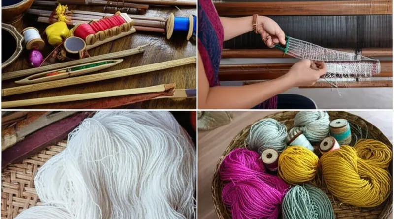 Materials and tools used in Lao silk weaving: silk types, natural dyes, looms, and preparation processes