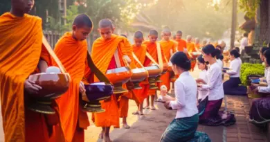 What is the alms giving ceremony in Luang Prabang and why is it important for visitors to understand its cultural and religious context