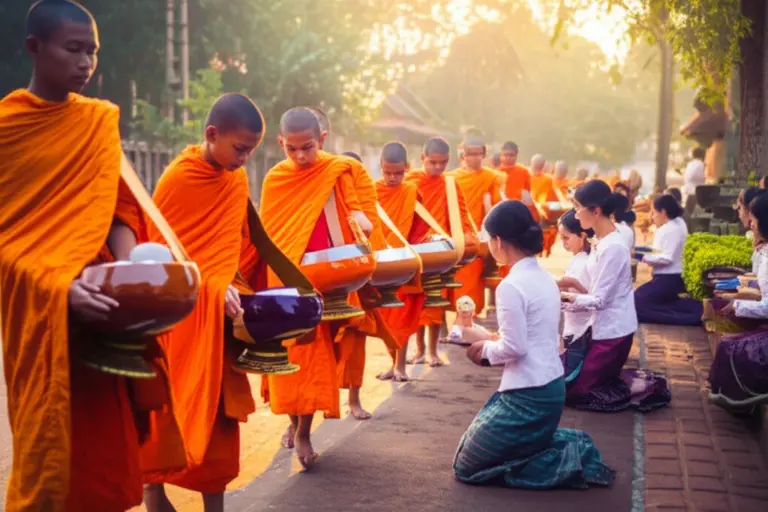 What is the alms giving ceremony in Luang Prabang and why is it important for visitors to understand its cultural and religious context