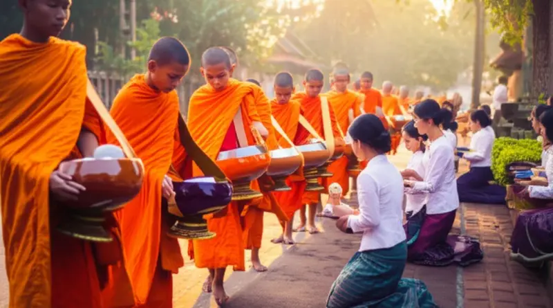 What is the alms giving ceremony in Luang Prabang and why is it important for visitors to understand its cultural and religious context