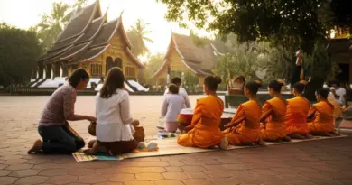 Day 1 – Explore Luang Prabang’s Best Temples: Morning alms, Wat Xieng Thong, Wat Mai and cultural tips for respectful visits (temple dress code, opening hours, donation etiquette)