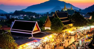 Day 3 – Mount Phousi Sunset, Night Market & Local Eats: Climb timing, photography spots, sunset viewing tips, Luang Prabang Night Market guide and recommended Lao dishes