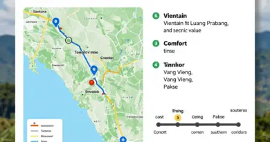 Choosing the best option by route and time: comparing travel time, cost, comfort, and scenic value (Vientiane–Luang Prabang, Vang Vieng, Pakse, and southern corridors)