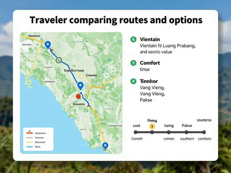 Choosing the best option by route and time: comparing travel time, cost, comfort, and scenic value (Vientiane–Luang Prabang, Vang Vieng, Pakse, and southern corridors)