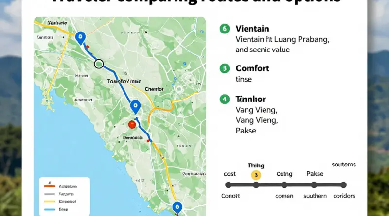 Choosing the best option by route and time: comparing travel time, cost, comfort, and scenic value (Vientiane–Luang Prabang, Vang Vieng, Pakse, and southern corridors)