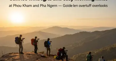 Morning Highlights and Must-See Viewpoints: Top sunrise spots, easy hikes and viewpoints (Phou Kham, Pha Ngern), what to pack, photography tips, and estimated time allocation