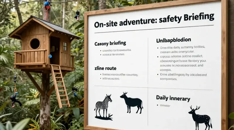 What to expect on-site: safety briefings, canopy routes, treehouse accommodations, wildlife encounters, and daily itinerary