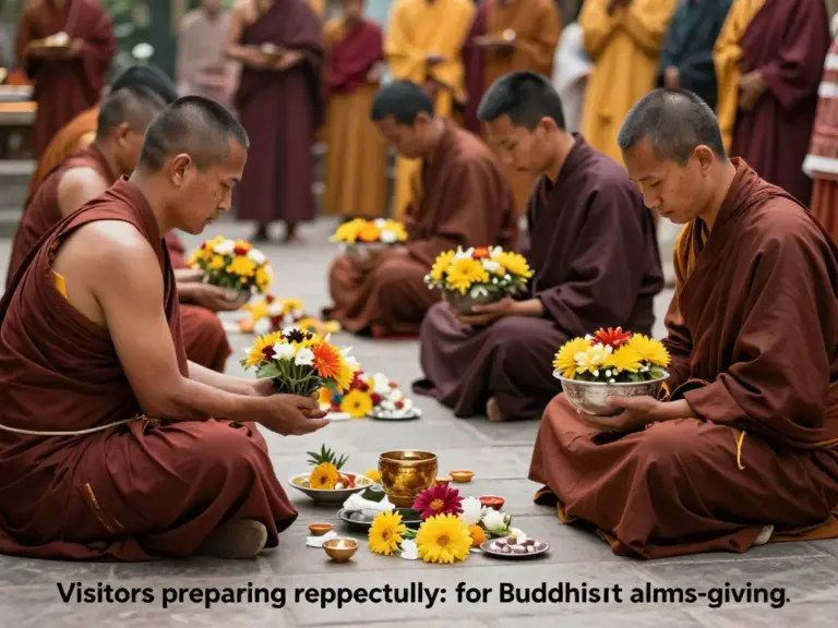 How should visitors prepare and dress appropriately for participating in or observing the alms giving—etiquette, dress code, and items to bring (offerings, photography guidelines)?