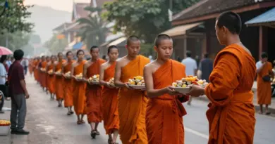 What is the alms giving ceremony in Luang Prabang and why is it important for visitors to understand its cultural and religious significance?