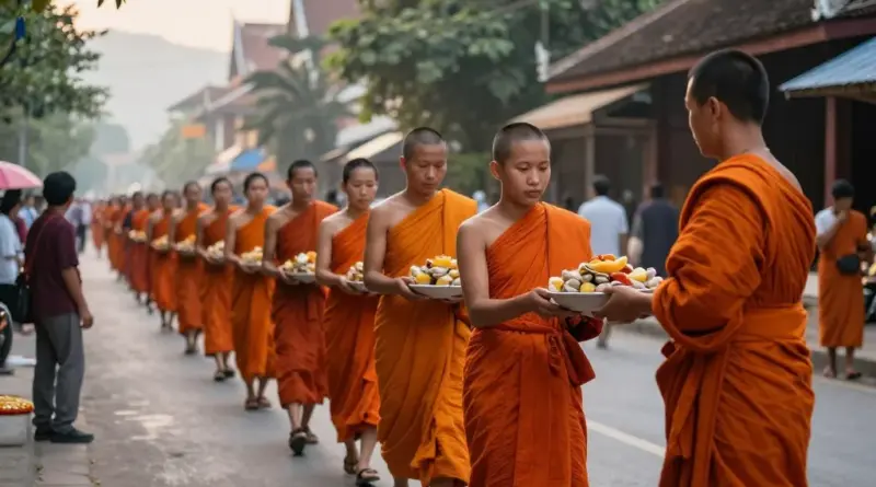 What is the alms giving ceremony in Luang Prabang and why is it important for visitors to understand its cultural and religious significance?