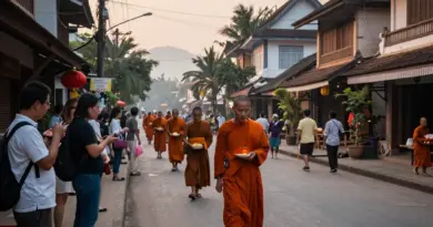 When and where does the morning alms procession take place in Luang Prabang, and how can travelers plan to observe it responsibly?