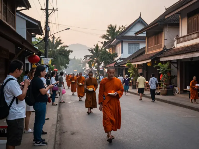 When and where does the morning alms procession take place in Luang Prabang, and how can travelers plan to observe it responsibly?