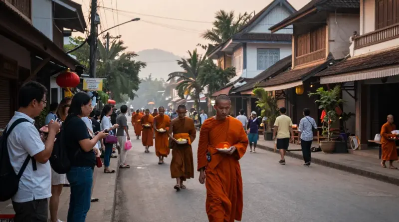 When and where does the morning alms procession take place in Luang Prabang, and how can travelers plan to observe it responsibly?