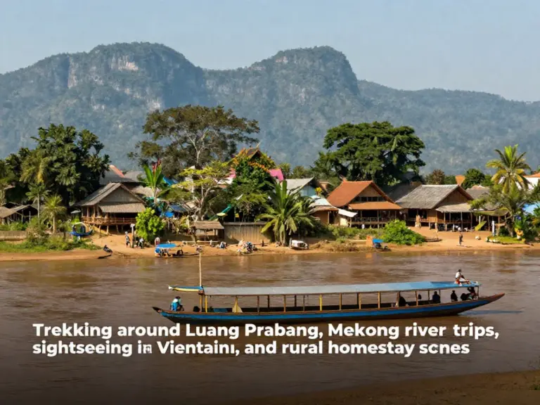 Activity-specific items: trekking Luang Prabang, river trips on the Mekong, city touring in Vientiane, and rural homestays